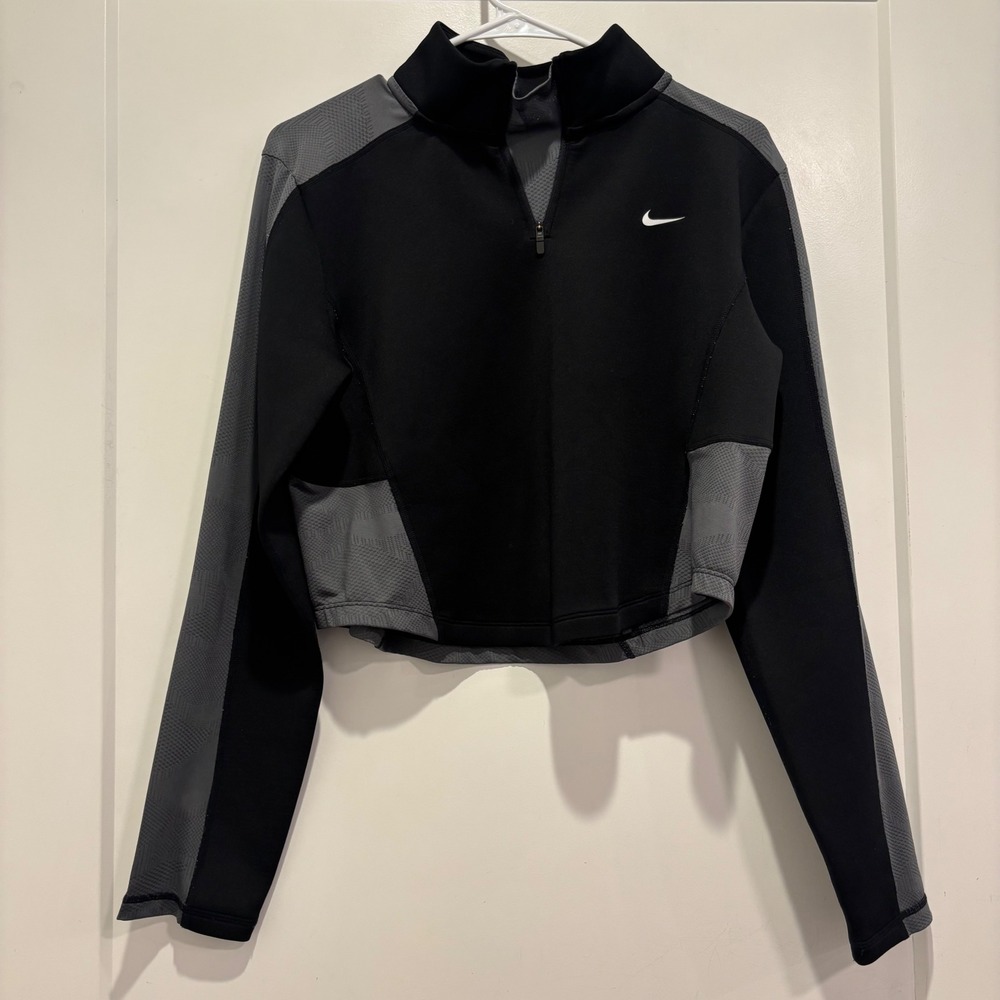Nike Pro Womens Cropped Quarter Zip Pullover Black Grey Geometric DQ5591-010